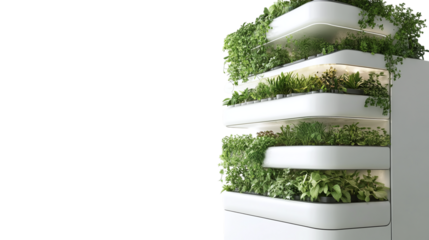 • A futuristic vertical garden system with smart plant care, isolated on white background in HD 