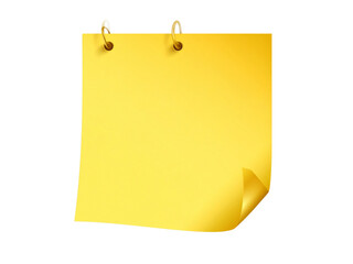 A bright yellow sticky note with a curled corner, held by metal binder rings.