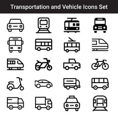 Transportation and Vehicle Icons Set – Car, Bus, Train, Tram, Bicycle, Scooter, Motorcycle, Truck, Taxi, Minimal Vector Design
