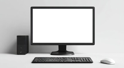 Sleek black desktop computer setup with blank monitor, keyboard, mouse, and tower on a light gray surface