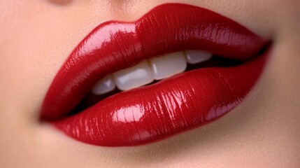 Obraz premium Close-up of Radiant Full Lips Shimmering with Vibrant Red Color, Showcasing Healthy Lip Care Regimes