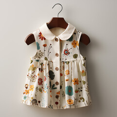 Floral printed sleeveless baby frock on a hanger