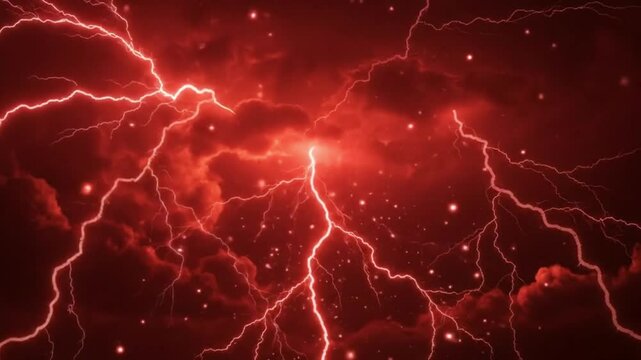 Fiery Red Lightning Storm with Glowing Cloud Tendrils Rotates Overhead in Charged Atmosphere