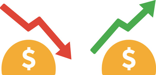 Obraz premium Minimalist Profit and Loss Icon Set with Dollar Symbol and Arrows, Flat Vector Illustration for Finance and Business Use