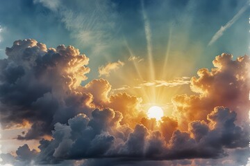 Sunlight streaming through puffy clouds