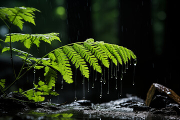 Close-up of fresh green ferns in forest with soft natural light and blurred background