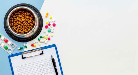Pet food in a bowl, various pills, and a medical chart with a pen. Veterinary care and animal health.
