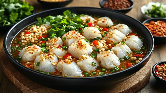 Delicious fish maw soup in a bowl garnished with herbs and spices served over a wooden board
