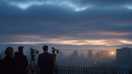 Fototapeta premium News team prepares for live broadcast at sunrise over a city skyline while facing dramatic clouds