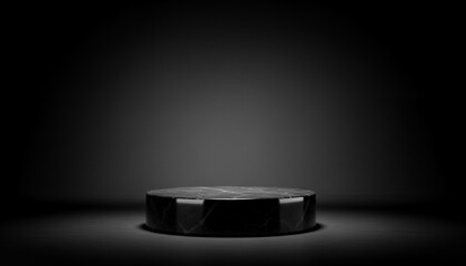 A dark round podium or stage is centered in a dimly lit black background designed to fit aesthetic product showcases with soft tones