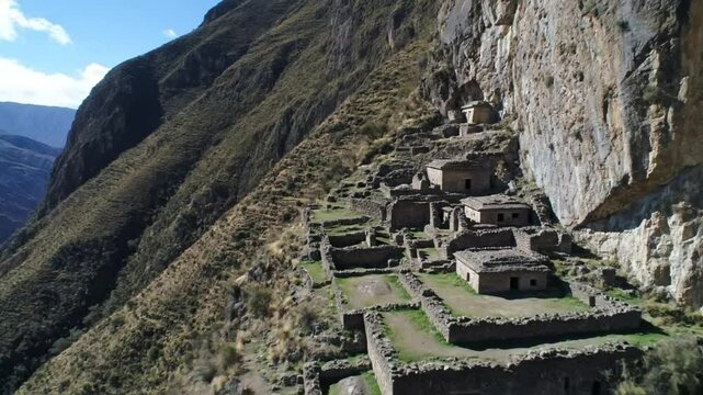 Ancient ruins of kuelap, a precolumbian settlement, cling to a cliffside in the andes mountains of amazonas, peru