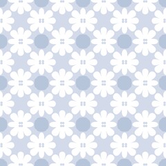 Floral Button Repeat Pattern. White retro flower lined with rounded blue shapes. Repeating modern daisy seamless pattern sweet pastel blue background.