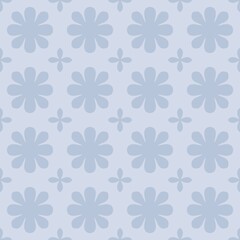 Seamless pattern daisy flowers in gentle powder blue tone background. Flower shapes retro soft blue grey for fabric textiles motif pattern.