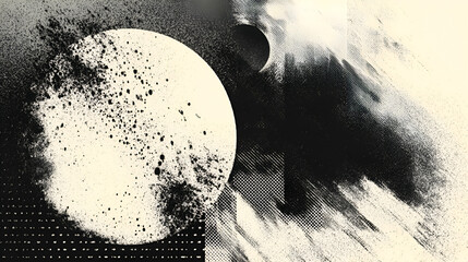Fototapeta premium Abstract Black and White Grunge Background with Halftone Dots and Ink Splatter Texture, Dynamic Circle Shape
