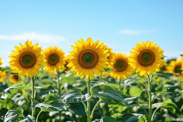 Obraz premium Bright sunflowers thriving in a vast field under a clear blue sky