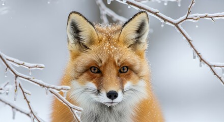 Fototapeta premium Majestic Red Fox Portrait in Winter Wonderland with Snowflakes and Icy Branches