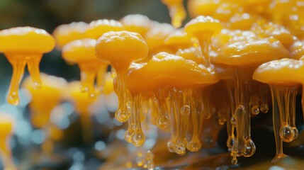 Close-up view of a cluster of orange, dripping, organic formations.