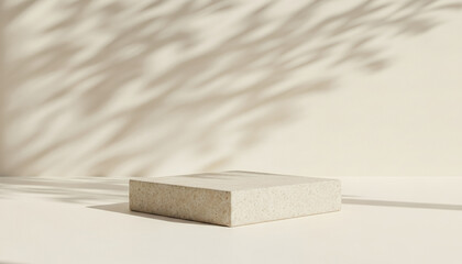 A square beige platform sits in front of a wall with leaf shadows perfect addition to marketing decks or modern branding portfolios