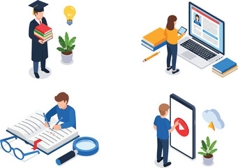 Isometric illustration of students studying with various devices