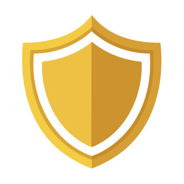 Golden shield emblem with white border Icon of protection security emblem heraldry vector illustration isolated black background
