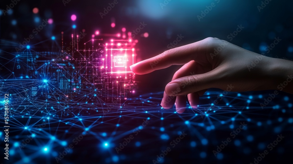 Poster futuristic neural network display interface with bright glowing neon lights and connected systems