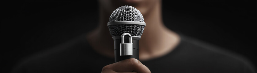 Close up monochrome portrait of person holding microphone with padlock, concept of censorship silence and restricted speech