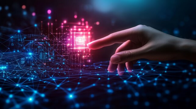Futuristic Neural Network Display Interface with Bright Glowing Neon Lights and Connected Systems