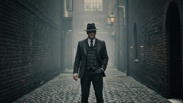 Intense portrayal of a dapper man in a suit standing in a foggy brick alleyway