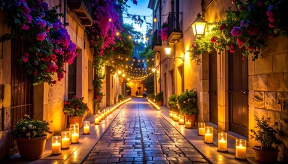 Obraz premium Illuminated Street with Candles and Flowers at Twilight