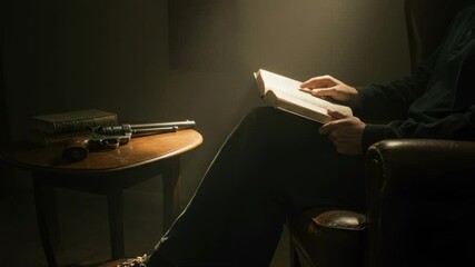 Intriguing Noir Scene: Man Reading in Shadows with Revolver on Table cinematic atmosphere
