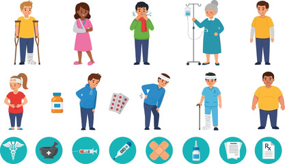 Fototapeta premium Cartoon illustration of people with various ailments and medical symbols