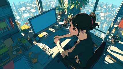 ノートパソコンで仕事に集中する女性のイラスト　テレワーク　在宅勤務　オフィスワーク　現代的な働き方　デジタルライフスタイル　ビジネスウーマン　IT系職種　作業中　女性人物素材