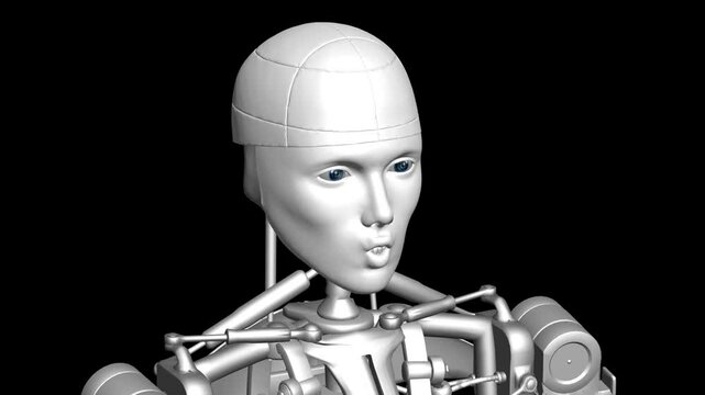 A 3D animation of a humanoid futuristic robot with a human-like face and metallic skeleton. The robot speaks and emotes like a human, showcasing advanced AI design. Perfect for sci-fi, tech demos, or 