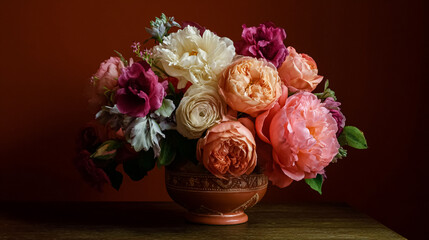 Elegant English garden bouquets in vintage vases, adorned with peonies, tulips and roses and other flowers, displayed in manor garden with dappled light and timeless floral grace