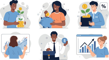 Illustrations of people saving and investing money