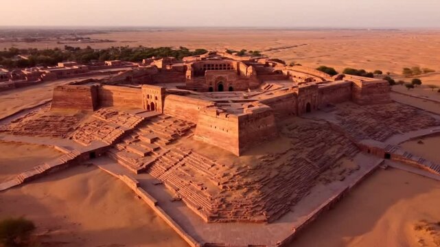 An aerial view captures the majestic derawar fort, a historical landmark in pakistans cholistan desert, showcasing its ancient architecture against the sandy landscape