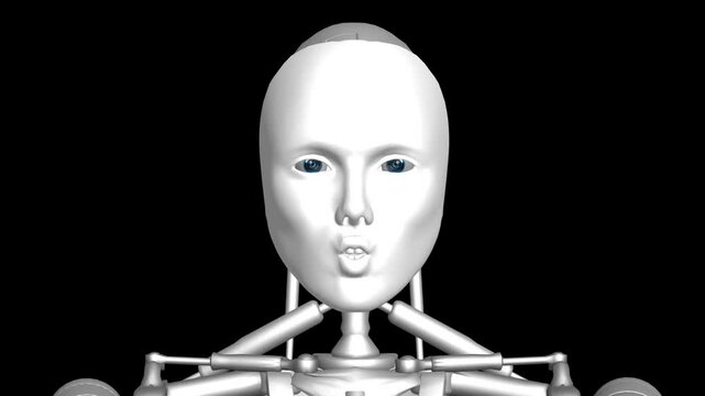 A 3D animation of a humanoid futuristic robot with a human-like face and metallic skeleton. The robot speaks and emotes like a human, showcasing advanced AI design. Perfect for sci-fi, tech demos, or 