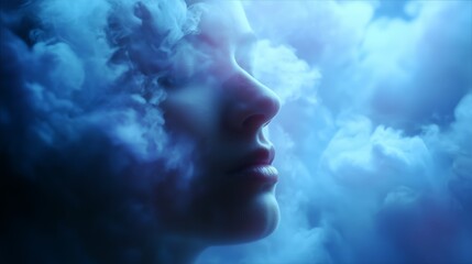 Mysterious woman in ethereal fog during twilight capturing serene emotions and dreamy reflections