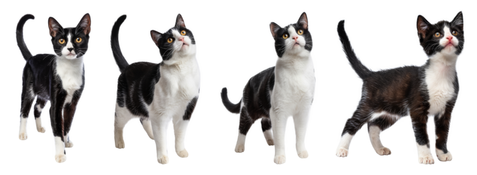 tuxedo cat poses isolated on transparent background.