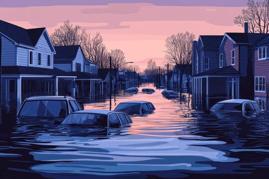 Graphic layout illustrating the impact of flooding on urban neighborhoods during sunset