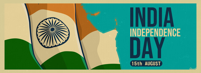 A minimalist India Independence Day banner featuring the Indian flag within the map of India, Ashoka Chakra, and bold “INDIA INDEPENDENCE DAY 15th AUGUST” text on a teal vintage background.