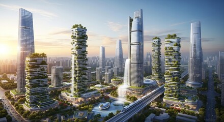 Obraz premium Modern Eco-Friendly Urban Cityscape with Skyscrapers and Green Spaces