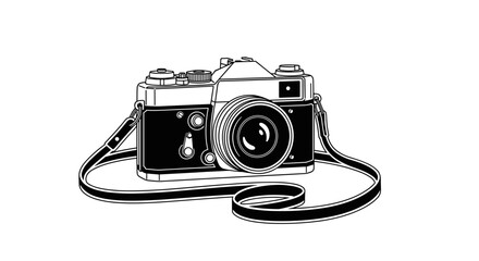  Vintage camera with strap hand-drawn black and white illustration