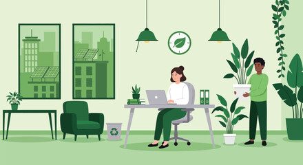 Eco-friendly office with people and plants