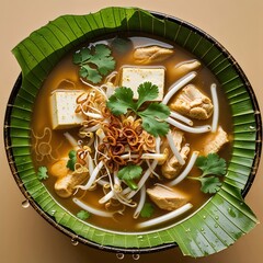 Indonesian soto ayam in banana leaf-lined bowl