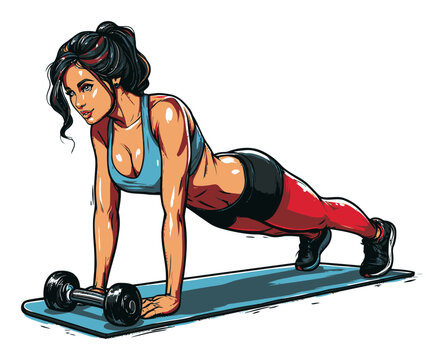 Determined Woman Exercising with Dumbbell in Plank Position on Mat