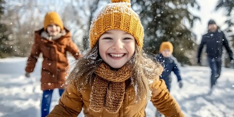 Cheerful winter day with joyful girl playing in snow with her sister and family during holidays.