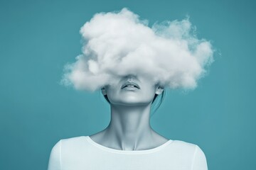 A woman stands gracefully with a serene expression, her face hidden behind a fluffy cloud