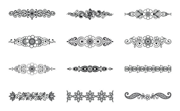Collection of decorative floral borders and ornaments isolated on white background