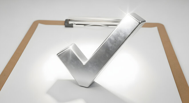 Silver Check Mark on Clipboard Approval Concept with Metallic Shine and Light Effect